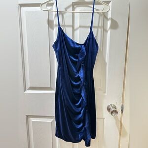 Blue Ruched Spaghetti Strap Cocktail Dress